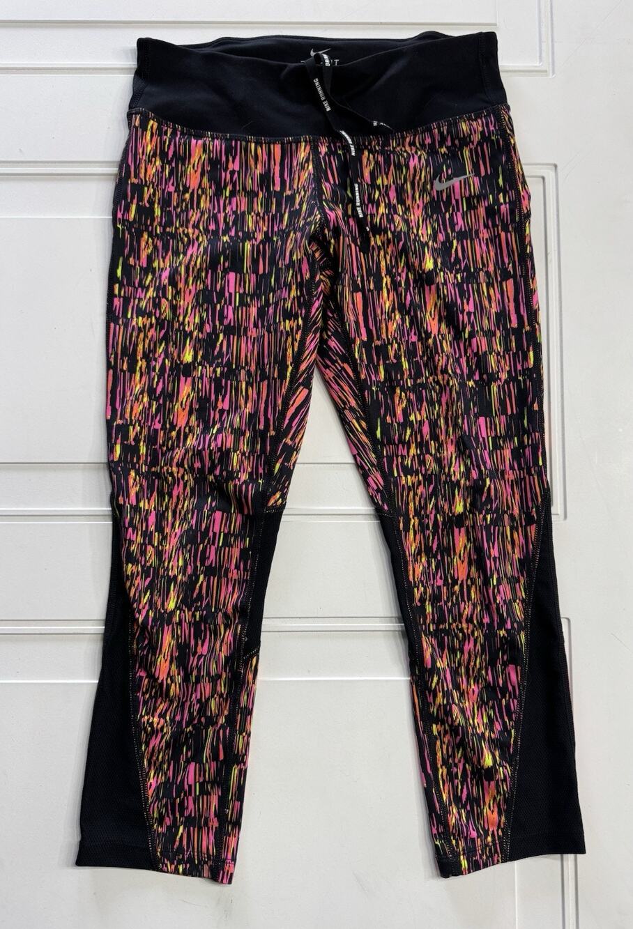 Nike Running Dri-Fit Womens Sz S Neon Pink Multicolor Racer Crop Leggings